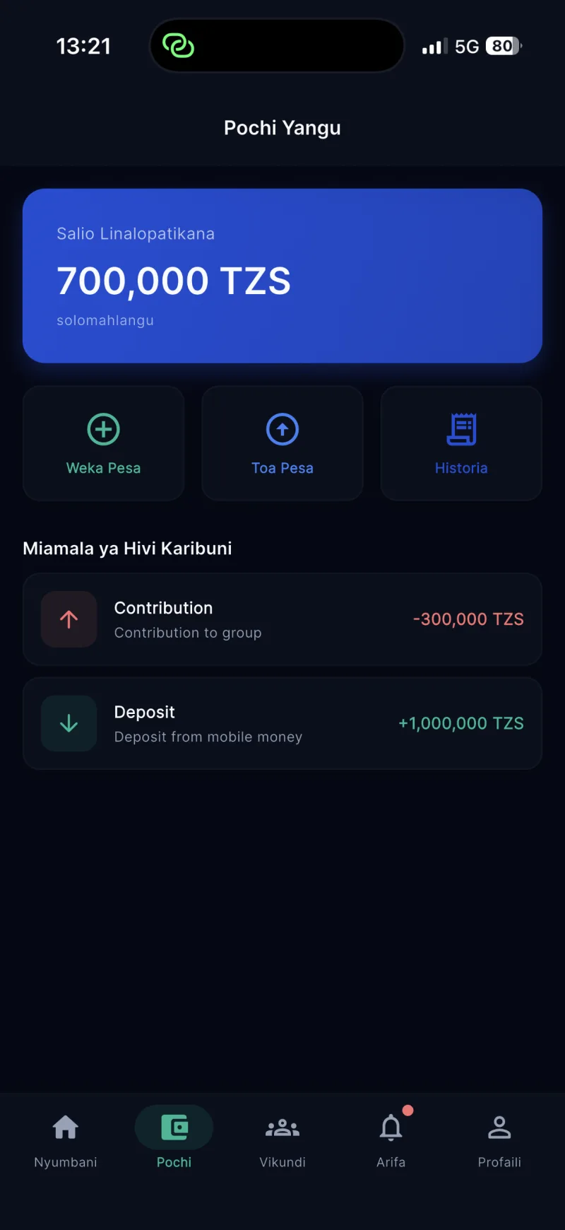 Vikoba wallet screen in Kiswahili